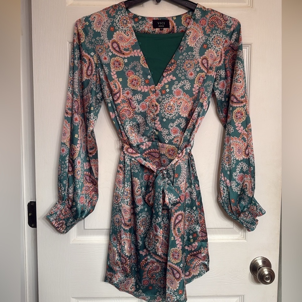 VICI green floral and paisley dress button detail on neck Wedding guest dress